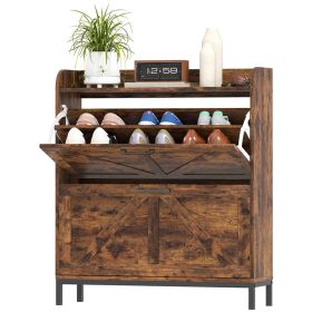 Shoe Cabinet Organizer With 2 Flip Drawers, Legs, Narrow Shoe Storage Cabinet For Entryway, Hallway, Rustic Brown