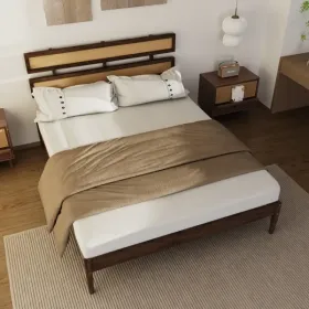 Double Rattan Woven Headboard, Bohemian Style, Painted Finish, Pine Wood, Dark Walnut Color, Queen Size Wooden Bed (Option: defaulttitle)